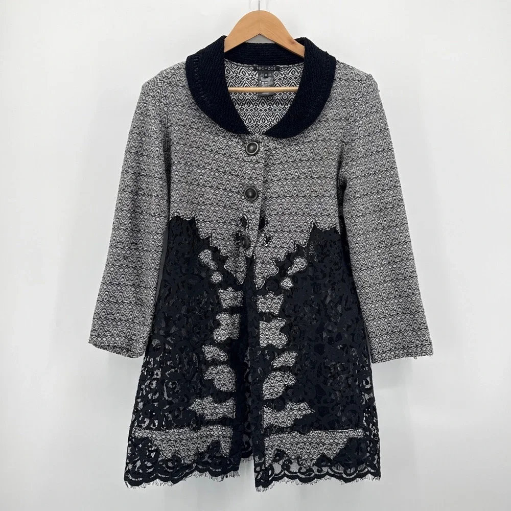 NIC+ZOE Womens Geometric Lace Trim Knit Jacket Cardigan Black White‎ Medium